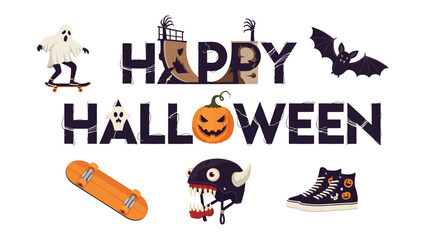 Naklejka premium Spooky Halloween Fun: A playful illustration featuring classic Halloween motifs like ghosts, bats, and pumpkins, alongside elements of skateboarding and punk rock culture.
