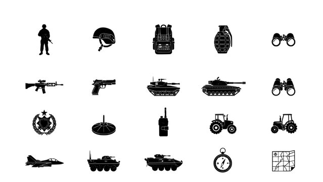 Tank Icon Set of Black and White Vector Vehicle and Combat Symbols Arranged in Grid Layout Featuring Icons, Collection