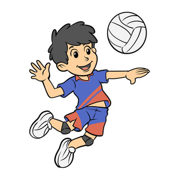 Cute cartoon boy playing volleyball jumping to spike ball cartoon illustration