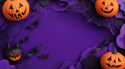 A vibrant halloween-themed poster features dark purple hues with carved pumpkins, bats, and spider webs creating a spooky atmosphere for festive celebrations