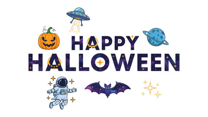 Halloween Space Party: A whimsical collection of cosmic Halloween elements, including a pumpkin, astronaut, UFO, bat, and starry planets, celebrating a unique intergalactic holiday. © abidakhatun