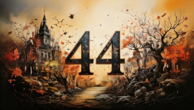 Mysterious Number 44 in an Enchanted Autumn Forest Landscape.