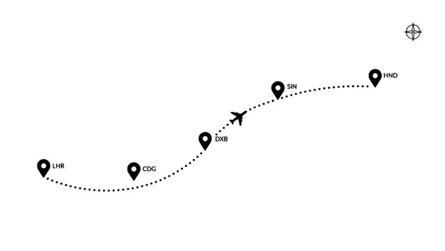 Airplane Flight Path Illustration Showing Travel Route Between Airports Featuring Vector, Map, Journey with Destination