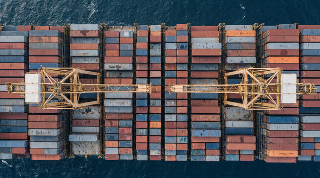 Container cargo ship loaded with shipping containers viewed from above