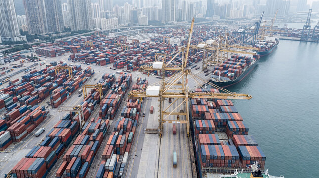 Container port cargo terminal with shipping cranes and cargo ships