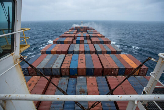 Container cargo ship deck loaded with shipping containers at sea