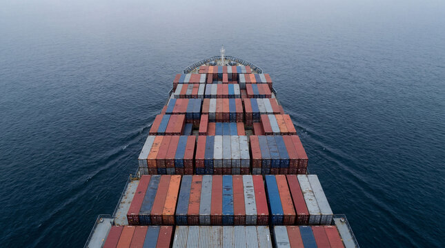 Container cargo ship sailing across calm open sea from above