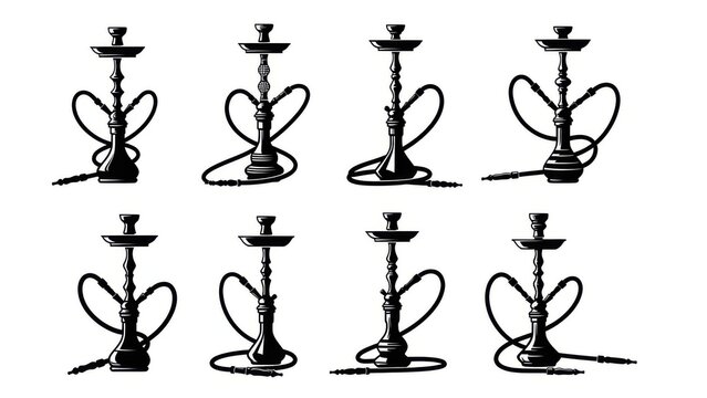Eight elegant traditional hookahs in black and white