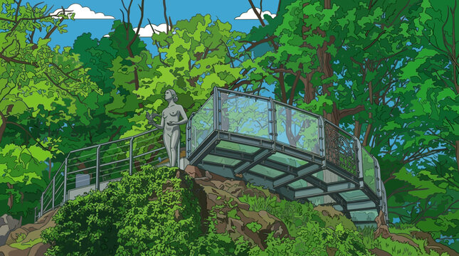 緑豊かな森の中に設置された展望台と彫像が特徴的な、アニメーション風のスタイルで描かれた美しい風景イラストレーション。自然と人工物が調和した静かな公園の様子を鮮やかな色彩で表現しています。