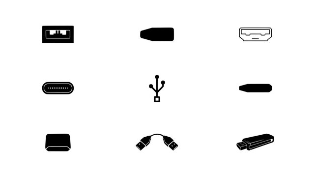 Usb Icon Set of Nine Assorted Port Types, Black and White Technology Symbols for Connectivity Interface Design