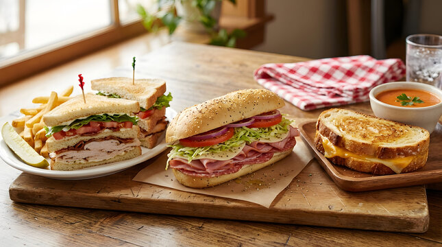 Assorted sandwiches with fries and tomato soup