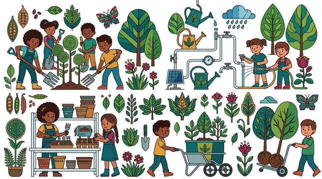 子供たちが庭で植物を植えたり水やりをしたりする様子を描いた、環境教育や園芸活動をテーマにしたカラフルで可愛い手描き風のイラスト素材セット。