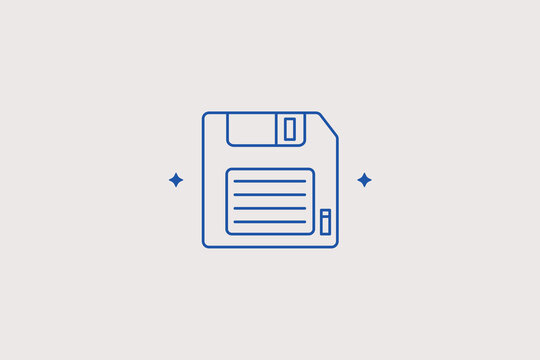 Retro magnetic floppy disk line icon for computer store. Minimalist vector illustration for software studio, digital archive, tech blog.