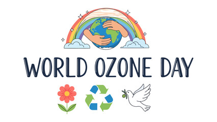 Fototapeta premium World Ozone Day Celebration: A vibrant illustration advocating for World Ozone Day, featuring hands gently embracing the Earth under a rainbow, accompanied by symbols of nature and peace.