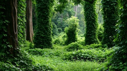 Fototapeta premium A thriving green grove is beautifully draped in lush vines creating a scene of deep calm and natural wonder