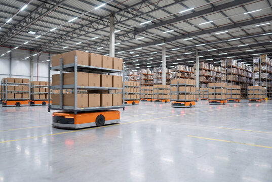 Autonomous warehouse robots transporting inventory through modern distribution center