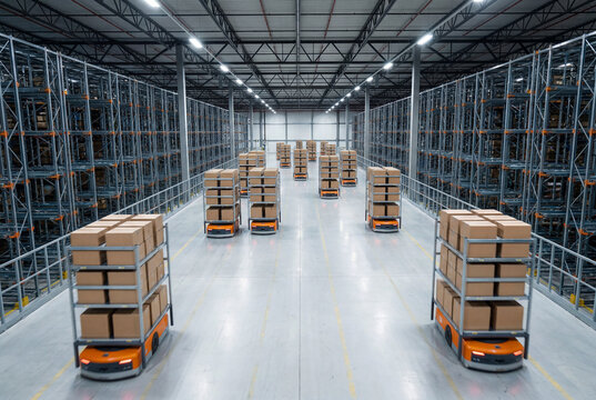 Autonomous warehouse robots transporting cardboard boxes through distribution center