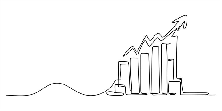 Single line drawing of a growing bar chart with an upward trending arrow and wavy line graph, representing success and profit