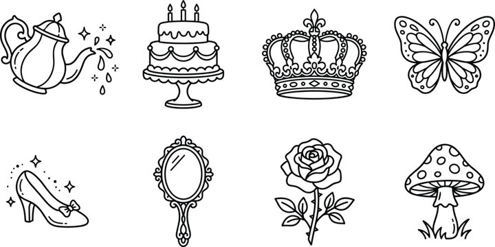 Whimsical line art icons including a teapot cake crown butterfly shoe mirror rose and mushroom on white