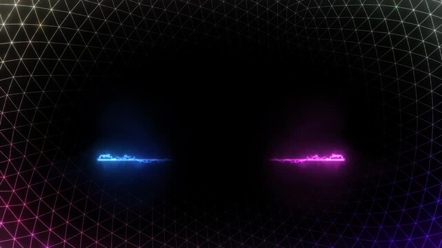 Vibrant neon rectangles with glowing lines on a dark background with geometric patterns and multicolored grid
