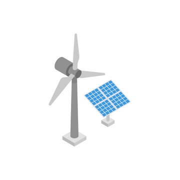 Wind turbine with solar panel, isometric icon. Hybrid renewable energy generation