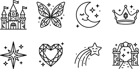 Whimsical line art icons of a castle butterfly crescent moon crown star gem shooting star and archway for fantasy concepts © Mdjillur