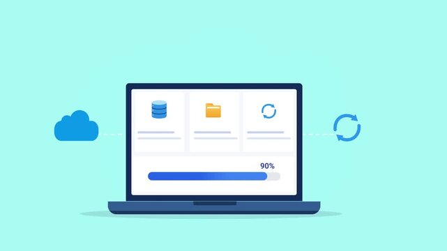 Animated flat vector illustration of a laptop displaying a cloud file synchronization dashboard with cloud storage, content cards, and sync icon. Modern cloud computing, file management, and workflow 