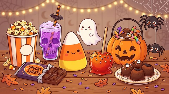 Cute Halloween candy and spooky snacks on a wooden table illustration