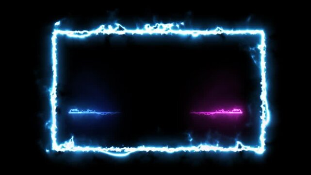 Glowing neon blue and pink rectangular frames with electric sparks on black background for futuristic designs