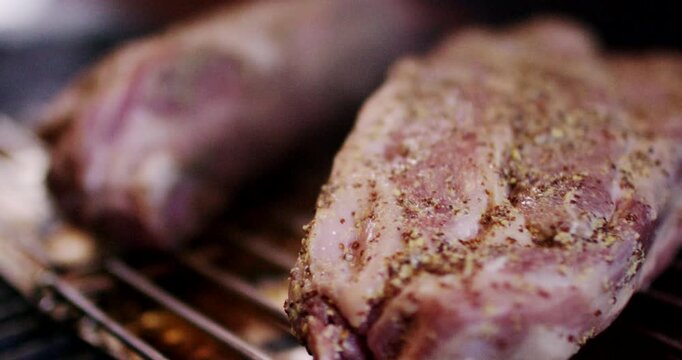 Raw seasoned pork meat loins placed on a metal grate inside a barbecue grill container