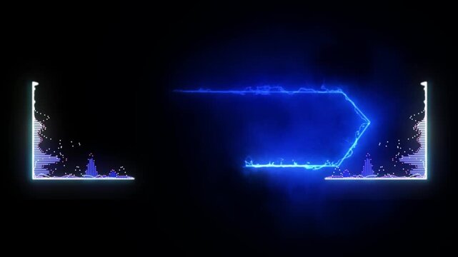 Glowing blue neon light rectangle with pixelated edges on black background with white and purple accents and sparks