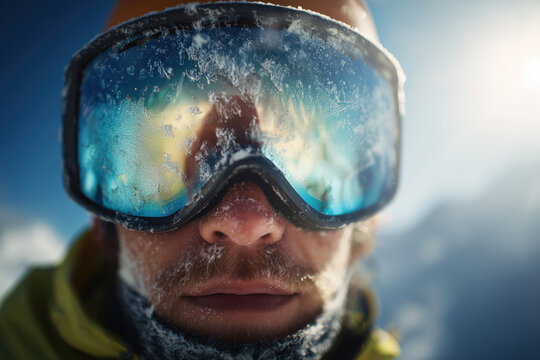 Winter athlete wearing frosted ski goggles during mountain adventure with reflective lens icy face focused expression cold weather sport endurance travel risk plus outdoor resilience