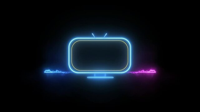 Neon television set with blue and yellow lights on dark background with pink and purple accents