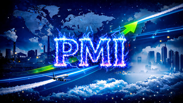 Conceptual illustration of Purchasing Managers' Index (PMI) with electric energy effects, featuring a global map, industrial city skyline, and a flying airplane, 