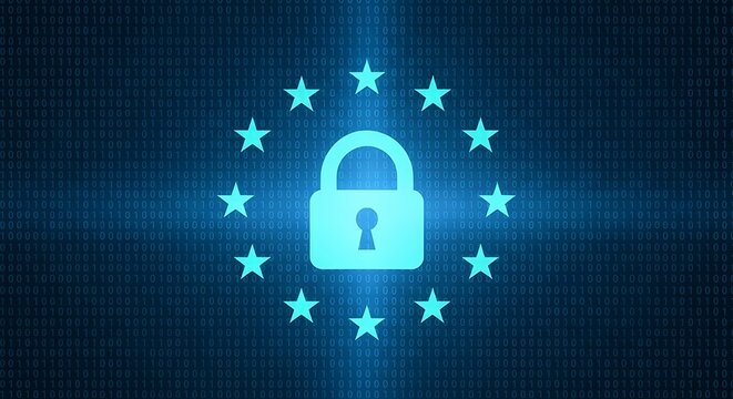 Glowing blue padlock surrounded by stars on a digital background