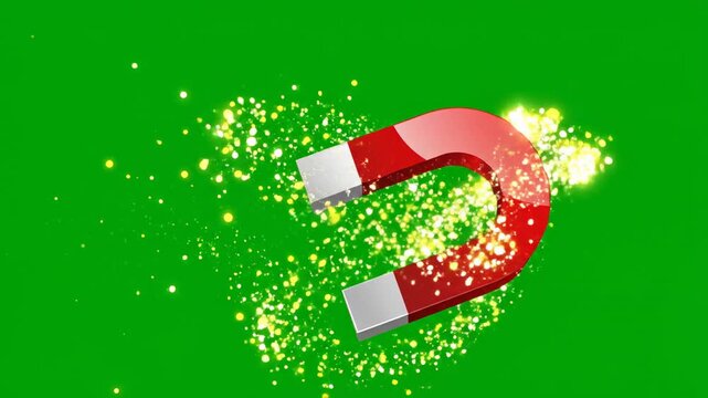 Red horseshoe magnet attracting glowing particles in a cinematic motion against a green background