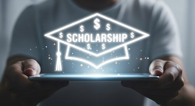 Man holding tablet with glowing scholarship icon and dollar signs floating above