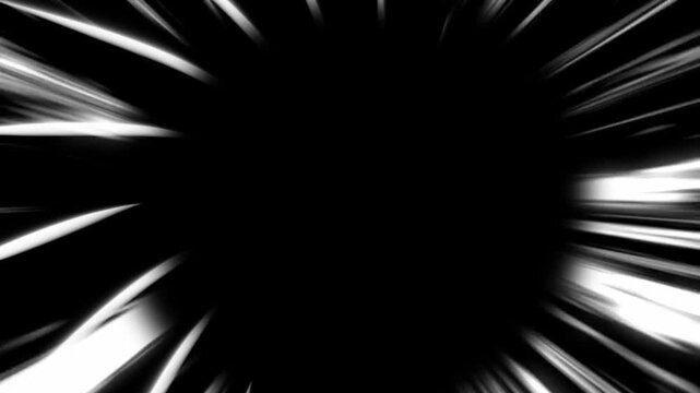 Black and white abstract background with streaks of light radiating from center in a dynamic motion blur effect