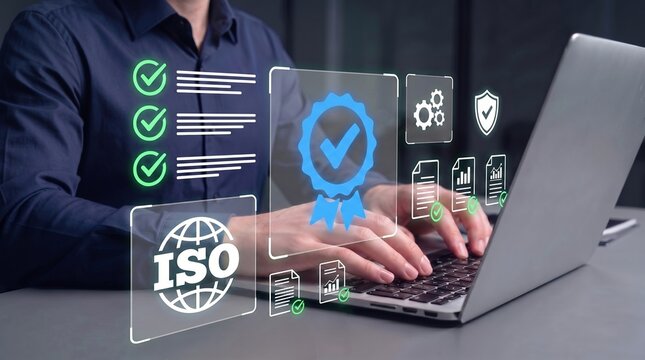 business quality control and performance excellence concept. user interacts with iso certification dashboard, process optimization icons, security standards validation, and standardized operation mana
