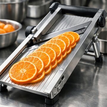 Close up of a mandoline slicer with sliced oranges in a professional kitchen