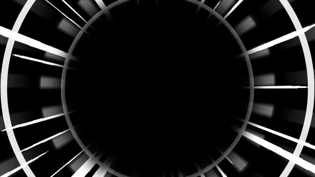 A black and white abstract design with a circle and lines radiating from the center in a dynamic motion blur effect