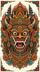 Naklejka premium Ornate mask with fierce expression and elaborate headdress.