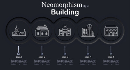 Building set icon. Line icons with church silhouette, cottage house, hospital facility, office tower, apartment block, urban structures with varied architecture shapes. © Anastasia