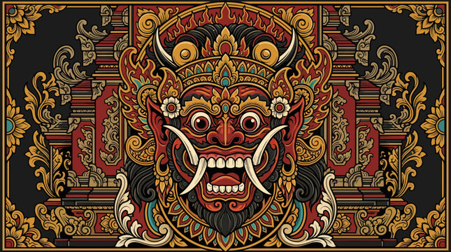 Ornate mask with fierce expression and intricate decorative elements.