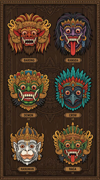 Six stylized masks with intricate designs on a dark background.