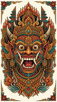Ornate mask with fierce expression and elaborate headdress.