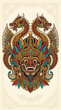 Ornate mythical creature mask with dragon heads and intricate details.
