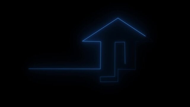 Blue house icon symbol on black background, real estate home button vector illustration for web design, housing estate building concept, residential property architecture sign and arrow interface icon