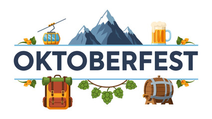 Oktoberfest Celebration Emblem: A vibrant graphic design featuring a gondola, snow-capped mountains, a frothy beer mug, a backpack, and a wooden barrel, all framing the text OKTOBERFEST. © Hussain