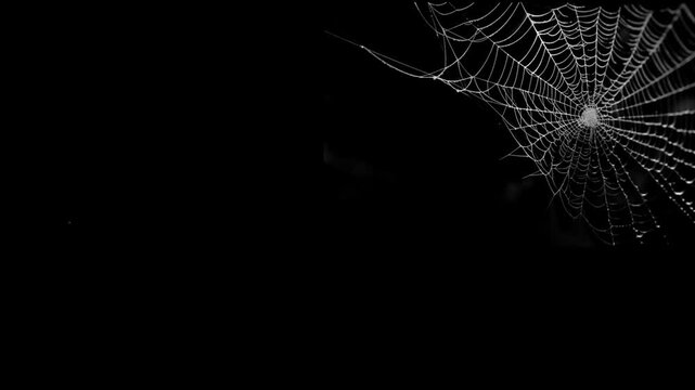 Intricate cobweb with dew drops on black background, showcasing spiders web in detail, closeup view of natures delicate architecture